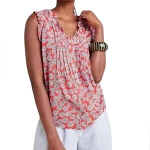 Anthropologie Maeve Red Floral Tank Top Size 4P Ruffle Trim Button Up Scoop Neck